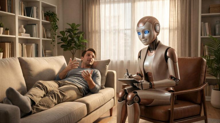 ChatGPT et intelligence artificielle : séance de thérapie avec un robot psy écoutant un patient sur un canapé, confiance dans l’IA